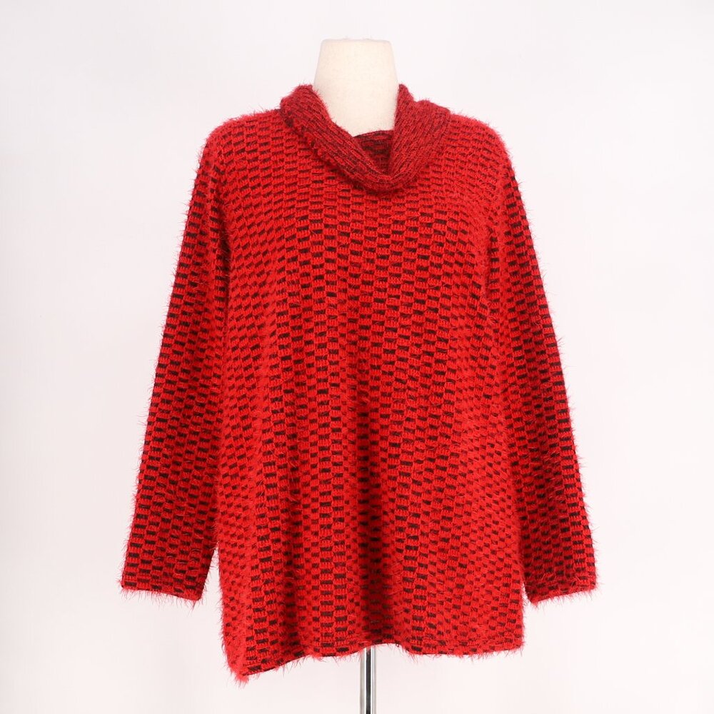ALI MILES Textured Eyelash Knit Cowl Neck Long Sleeve Sweater Red Black Size L